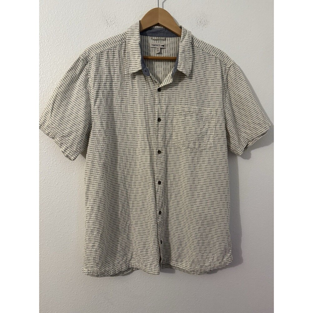 Toad & Co Mens Shirt Stripe  XL Button Up Short Sleeve Cream EUC Organic Cotton